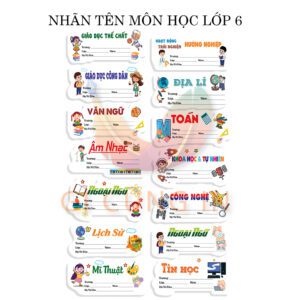 Combo 16 Nhãn Tên Môn Học Lớp 6 – Phân Loại Rõ Ràng – Hình Minh Họa Vui Nhộn – Dễ Ghi Thông Tin