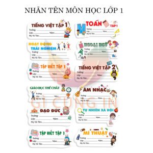 Combo 12 Nhãn Tên Môn Học Lớp 1 – Hình Dễ Thương, Dễ Dán, Đúng Chương Trình