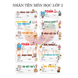 Combo 12 Nhãn Tên Môn Học Lớp 2 – Dễ Dán – Rõ Ràng – Hình Ảnh Ngộ Nghĩnh Gây Hứng Thú Học Tập