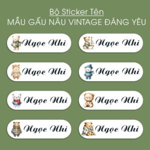 150 Sticker Tên Học Sinh Mẫu Gấu Nâu Vintage Đáng Yêu (3,3x1cm) – Phong Cách Cổ Điển, Tên Bé Không Lo Thất Lạc