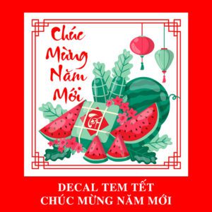 Decal Tem Tết Chúc Mừng Năm Mới – Hình Dưa Hấu & Bánh Chưng Rực Rỡ, Dán Túi Hộp Quà Siêu Đẹp