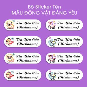 Bộ 300 Sticker Tên Mẫu Động Vật Đáng Yêu – In Tên Theo Yêu Cầu – Kích Thước 3.3x1cm